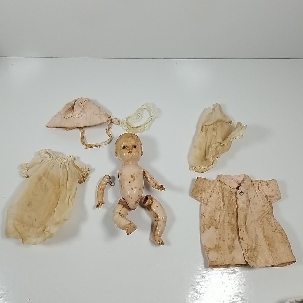 Vintage Ceramic Jointed Rubber Bands8" Baby Doll With Outfit Needs Repaired